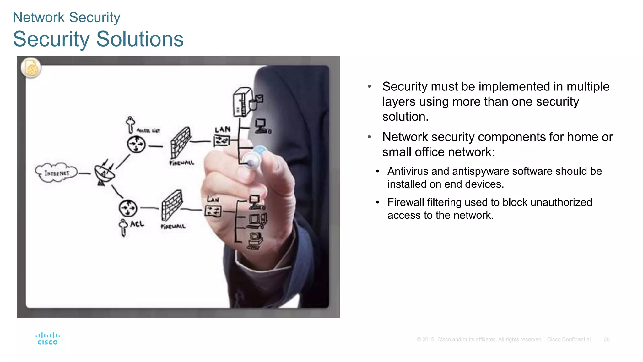 65© 2016 Cisco and/or its affiliates. All rights reserved. Cisco Confidential
Network Security
Security Solutions
• Security must be implemented in multiple
layers using more than one security
solution.
• Network security components for home or
small office network:
• Antivirus and antispyware software should be
installed on end devices.
• Firewall filtering used to block unauthorized
access to the network.
 