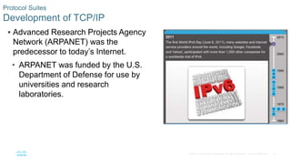 27© 2016 Cisco and/or its affiliates. All rights reserved. Cisco Confidential
 Advanced Research Projects Agency
Network (ARPANET) was the
predecessor to today’s Internet.
• ARPANET was funded by the U.S.
Department of Defense for use by
universities and research
laboratories.
Protocol Suites
Development of TCP/IP
 