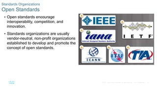 31© 2016 Cisco and/or its affiliates. All rights reserved. Cisco Confidential
 Open standards encourage
interoperability, competition, and
innovation.
 Standards organizations are usually
vendor-neutral, non-profit organizations
established to develop and promote the
concept of open standards.
Standards Organizations
Open Standards
 