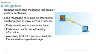 19
© 2016 Cisco and/or its affiliates. All rights reserved. Cisco Confidential
 Humans break long messages into smaller
parts or sentences.
 Long messages must also be broken into
smaller pieces to travel across a network.
• Each piece is sent in a separate frame.
• Each frame has its own addressing
information.
• A receiving host will reconstruct multiple
frames into the original message.
The Rules
Message Size
 