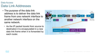 46
© 2016 Cisco and/or its affiliates. All rights reserved. Cisco Confidential
 The purpose of the data link
address is to deliver the data link
frame from one network interface to
another network interface on the
same network.
• As the IP packet travels from source to
destination it is encapsulated in a new
data link frame when it is forwarded by
each router.
Data Access
Data Link Addresses
 