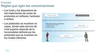 23
© 2016 Cisco y/o sus filiales. Todos los derechos reservados. Información confidencial de Cisco.
 Los hosts y los dispositivos de
red implementan las suites de
protocolos en software, hardware
o ambos.
 Los protocolos se muestran en
capas, donde cada servicio de
nivel superior depende de la
funcionalidad definida por los
protocolos que se muestran en
los niveles inferiores.
Protocolos
Reglas que rigen las comunicaciones
 