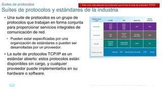 26
© 2016 Cisco y/o sus filiales. Todos los derechos reservados. Información confidencial de Cisco.
 Una suite de protocolos es un grupo de
protocolos que trabajan en forma conjunta
para proporcionar servicios integrales de
comunicación de red.
• Pueden estar especificadas por una
organización de estándares o pueden ser
desarrolladas por un proveedor.
 La suite de protocolos TCP/IP es un
estándar abierto: estos protocolos están
disponibles sin cargo, y cualquier
proveedor puede implementarlos en su
hardware o software.
Suites de protocolos
Suites de protocolos y estándares de la industria
• Este curso solo abarcará los protocolos que forman la suite de protocolos TCP/IP.
 