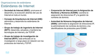 32
© 2016 Cisco y/o sus filiales. Todos los derechos reservados. Información confidencial de Cisco.
 Sociedad de Internet (ISOC): promueve el
desarrollo y la evolución abiertos del uso de
Internet en todo el mundo.
 Consejo de Arquitectura de Internet (IAB):
administra y desarrolla los estándares de
Internet.
 Grupo de trabajo de ingeniería de Internet
(IEFT): desarrolla, actualiza y mantiene las
tecnologías de Internet y de TCP/IP.
 Grupo de trabajo de investigación de
Internet (IRTF): está enfocado en la
investigación a largo plazo en relación con los
protocolos de Internet y TCP/IP.
Organizaciones de estándares
Estándares de Internet
 Corporación de Internet para la Asignación de
Nombres y Números (ICANN): coordina la
asignación de direcciones IP y la gestión de
nombres de dominio.
 Autoridad de Números Asignados de Internet
(IANA): administra la asignación de direcciones IP,
la administración de nombres de dominio y los
identificadores de protocolos para ICANN.
 
