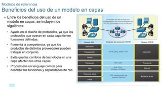 35
© 2016 Cisco y/o sus filiales. Todos los derechos reservados. Información confidencial de Cisco.
 Entre los beneficios del uso de un
modelo en capas, se incluyen los
siguientes:
• Ayuda en el diseño de protocolos, ya que los
protocolos que operan en cada capa tienen
funciones definidas.
• Fomenta la competencia, ya que los
productos de distintos proveedores pueden
trabajar en conjunto.
• Evita que los cambios de tecnología en una
capa afecten las otras capas.
• Proporciona un lenguaje común para
describir las funciones y capacidades de red.
Modelos de referencia
Beneficios del uso de un modelo en capas
 