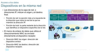 47
© 2016 Cisco y/o sus filiales. Todos los derechos reservados. Información confidencial de Cisco.
 Las direcciones de la capa de red, o
direcciones IP, indican el origen y el destino
final.
• Porción de red: la sección más a la izquierda de
la dirección que indica la red de la que es
miembro la dirección IP.
• Porción de host: la parte restante de la dirección
que identifica un dispositivo específico de la red.
 El marco de enlace de datos que utiliza el
direccionamiento MAC es enviado
directamente al dispositivo receptor.
• Dirección MAC de origen: dirección del
dispositivo emisor.
• Dirección MAC de destino: dirección del
dispositivo receptor.
Acceso a los datos
Dispositivos en la misma red
 