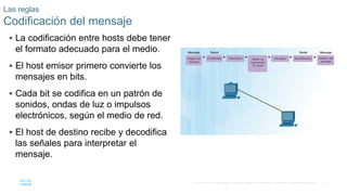17
© 2016 Cisco y/o sus filiales. Todos los derechos reservados. Información confidencial de Cisco.
 La codificación entre hosts debe tener
el formato adecuado para el medio.
 El host emisor primero convierte los
mensajes en bits.
 Cada bit se codifica en un patrón de
sonidos, ondas de luz o impulsos
electrónicos, según el medio de red.
 El host de destino recibe y decodifica
las señales para interpretar el
mensaje.
Las reglas
Codificación del mensaje
 