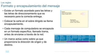 18
© 2016 Cisco y/o sus filiales. Todos los derechos reservados. Información confidencial de Cisco.
 Existe un formato acordado para las letras y
las letras de direccionamiento que es
necesario para la correcta entrega.
 Colocar la carta en el sobre dirigido se llama
encapsulamiento.
 Cada mensaje de computadora se encapsula
en un formato específico, llamado trama,
antes de enviarse a través de la red.
 Un marco actúa como sobre ya que
proporciona la dirección de origen y de
destino.
Las reglas
Formato y encapsulamiento del mensaje
 