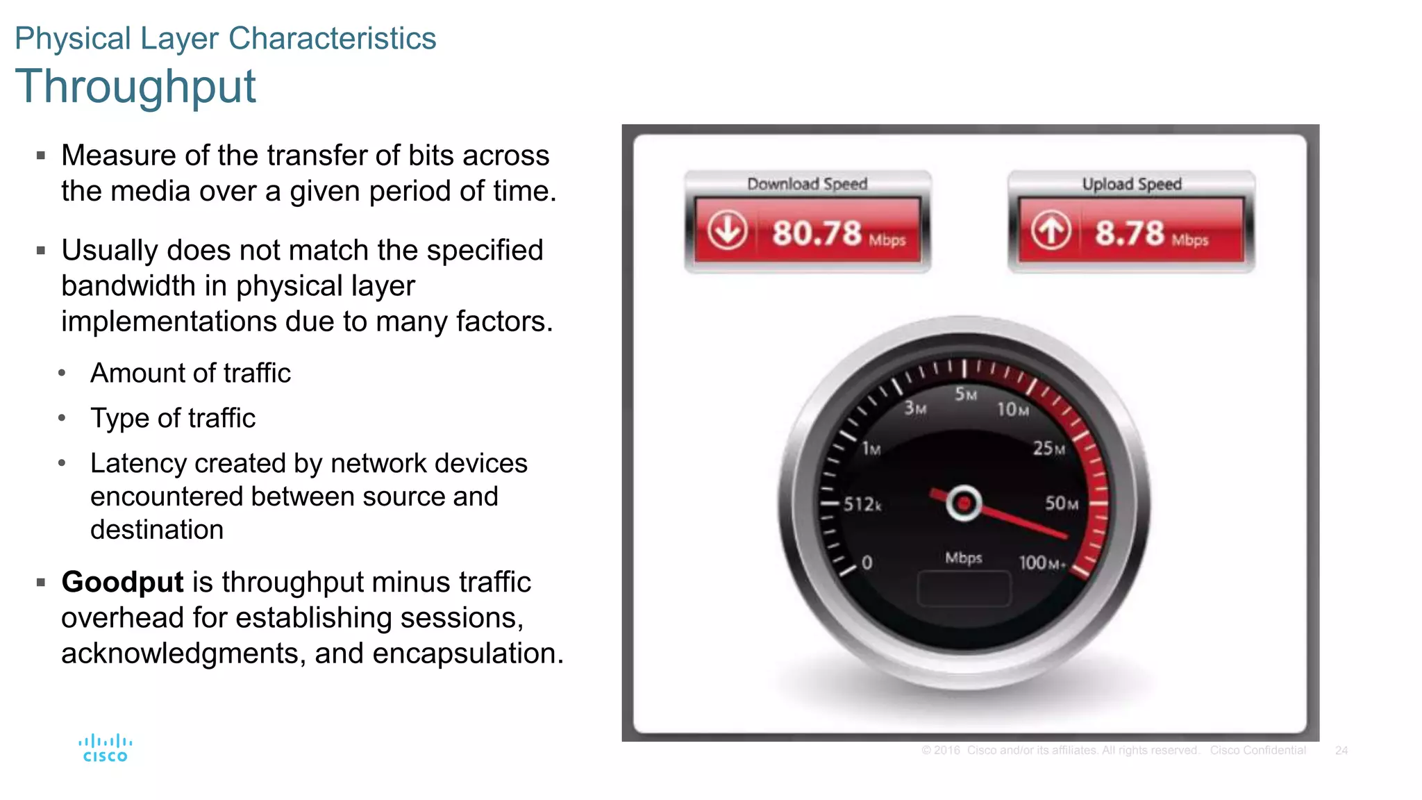 24© 2016 Cisco and/or its affiliates. All rights reserved. Cisco Confidential
 Measure of the transfer of bits across
the media over a given period of time.
 Usually does not match the specified
bandwidth in physical layer
implementations due to many factors.
• Amount of traffic
• Type of traffic
• Latency created by network devices
encountered between source and
destination
 Goodput is throughput minus traffic
overhead for establishing sessions,
acknowledgments, and encapsulation.
Physical Layer Characteristics
Throughput
 