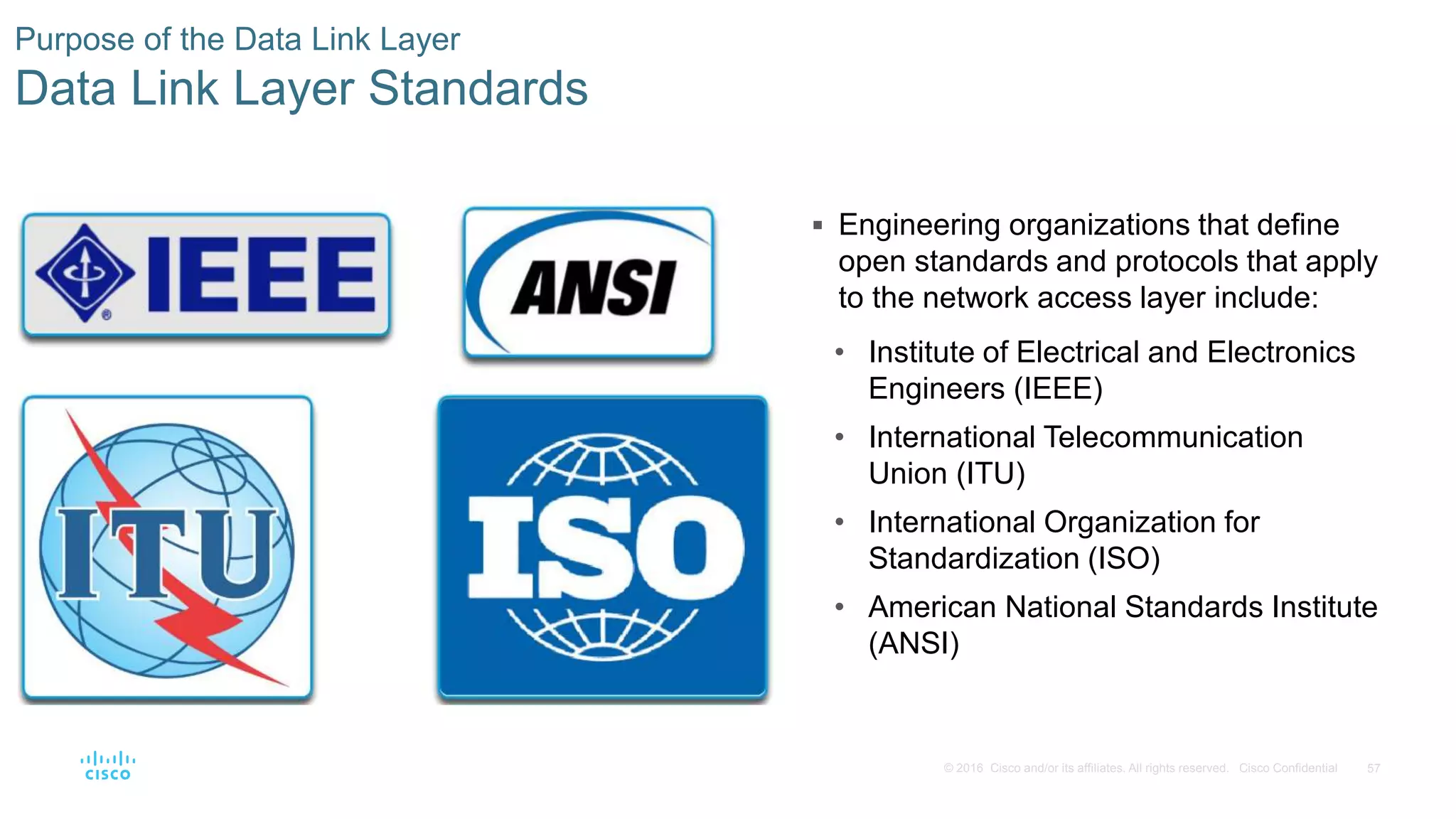 57© 2016 Cisco and/or its affiliates. All rights reserved. Cisco Confidential
Purpose of the Data Link Layer
Data Link Layer Standards
 Engineering organizations that define
open standards and protocols that apply
to the network access layer include:
• Institute of Electrical and Electronics
Engineers (IEEE)
• International Telecommunication
Union (ITU)
• International Organization for
Standardization (ISO)
• American National Standards Institute
(ANSI)
 