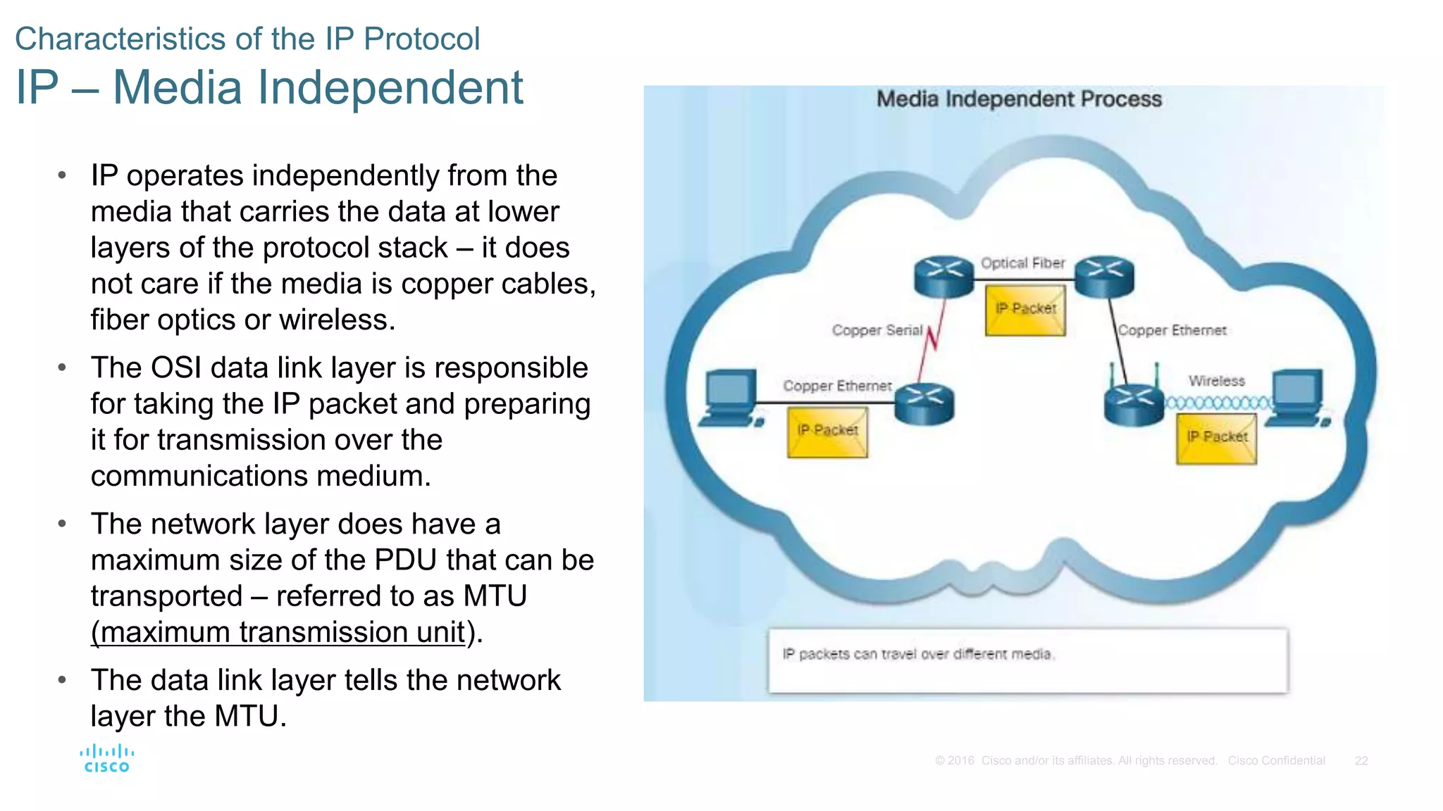 22© 2016 Cisco and/or its affiliates. All rights reserved. Cisco Confidential
Characteristics of the IP Protocol
IP – Media Independent
• IP operates independently from the
media that carries the data at lower
layers of the protocol stack – it does
not care if the media is copper cables,
fiber optics or wireless.
• The OSI data link layer is responsible
for taking the IP packet and preparing
it for transmission over the
communications medium.
• The network layer does have a
maximum size of the PDU that can be
transported – referred to as MTU
(maximum transmission unit).
• The data link layer tells the network
layer the MTU.
 