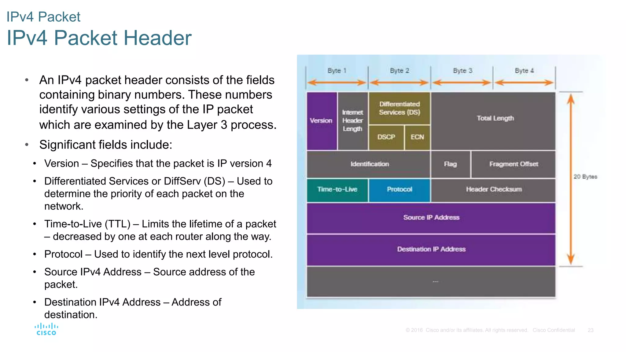 23© 2016 Cisco and/or its affiliates. All rights reserved. Cisco Confidential
IPv4 Packet
IPv4 Packet Header
• An IPv4 packet header consists of the fields
containing binary numbers. These numbers
identify various settings of the IP packet
which are examined by the Layer 3 process.
• Significant fields include:
• Version – Specifies that the packet is IP version 4
• Differentiated Services or DiffServ (DS) – Used to
determine the priority of each packet on the
network.
• Time-to-Live (TTL) – Limits the lifetime of a packet
– decreased by one at each router along the way.
• Protocol – Used to identify the next level protocol.
• Source IPv4 Address – Source address of the
packet.
• Destination IPv4 Address – Address of
destination.
 