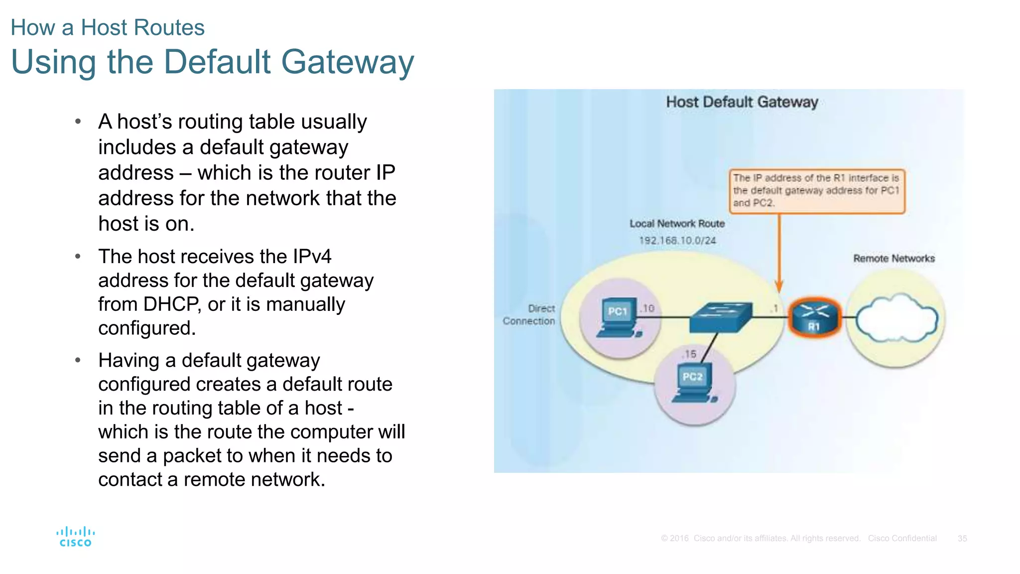 35© 2016 Cisco and/or its affiliates. All rights reserved. Cisco Confidential
How a Host Routes
Using the Default Gateway
• A host’s routing table usually
includes a default gateway
address – which is the router IP
address for the network that the
host is on.
• The host receives the IPv4
address for the default gateway
from DHCP, or it is manually
configured.
• Having a default gateway
configured creates a default route
in the routing table of a host -
which is the route the computer will
send a packet to when it needs to
contact a remote network.
 