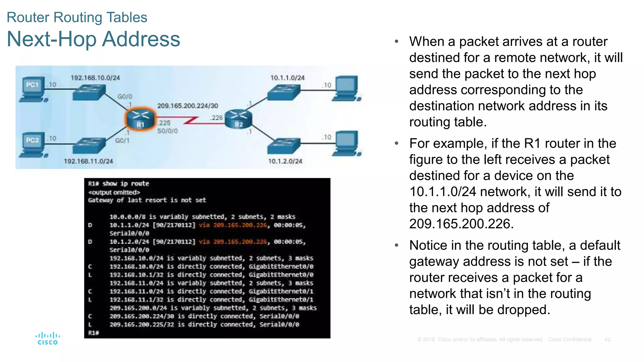 42© 2016 Cisco and/or its affiliates. All rights reserved. Cisco Confidential
Router Routing Tables
Next-Hop Address • When a packet arrives at a router
destined for a remote network, it will
send the packet to the next hop
address corresponding to the
destination network address in its
routing table.
• For example, if the R1 router in the
figure to the left receives a packet
destined for a device on the
10.1.1.0/24 network, it will send it to
the next hop address of
209.165.200.226.
• Notice in the routing table, a default
gateway address is not set – if the
router receives a packet for a
network that isn’t in the routing
table, it will be dropped.
 