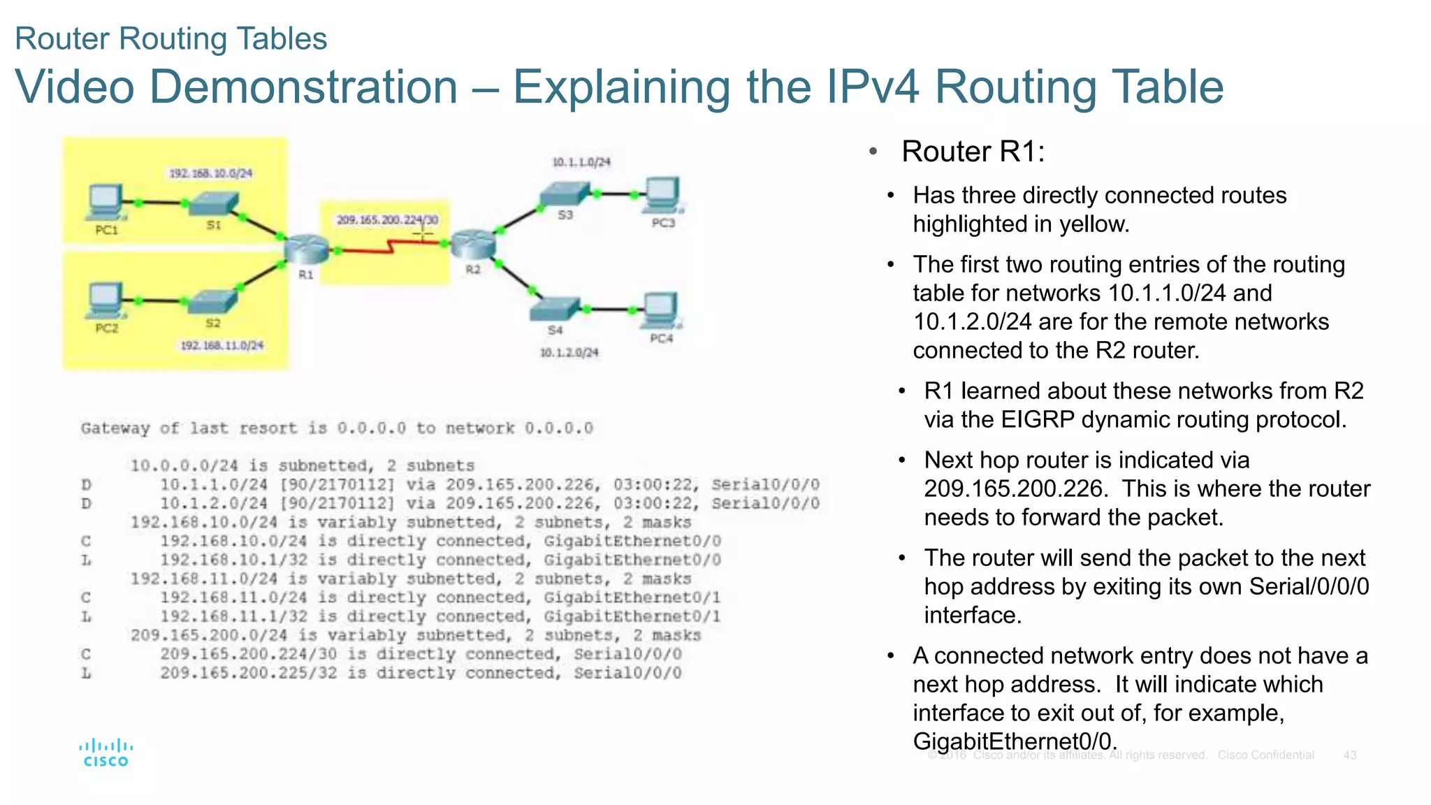 43© 2016 Cisco and/or its affiliates. All rights reserved. Cisco Confidential
Router Routing Tables
Video Demonstration – Explaining the IPv4 Routing Table
• Router R1:
• Has three directly connected routes
highlighted in yellow.
• The first two routing entries of the routing
table for networks 10.1.1.0/24 and
10.1.2.0/24 are for the remote networks
connected to the R2 router.
• R1 learned about these networks from R2
via the EIGRP dynamic routing protocol.
• Next hop router is indicated via
209.165.200.226. This is where the router
needs to forward the packet.
• The router will send the packet to the next
hop address by exiting its own Serial/0/0/0
interface.
• A connected network entry does not have a
next hop address. It will indicate which
interface to exit out of, for example,
GigabitEthernet0/0.
 