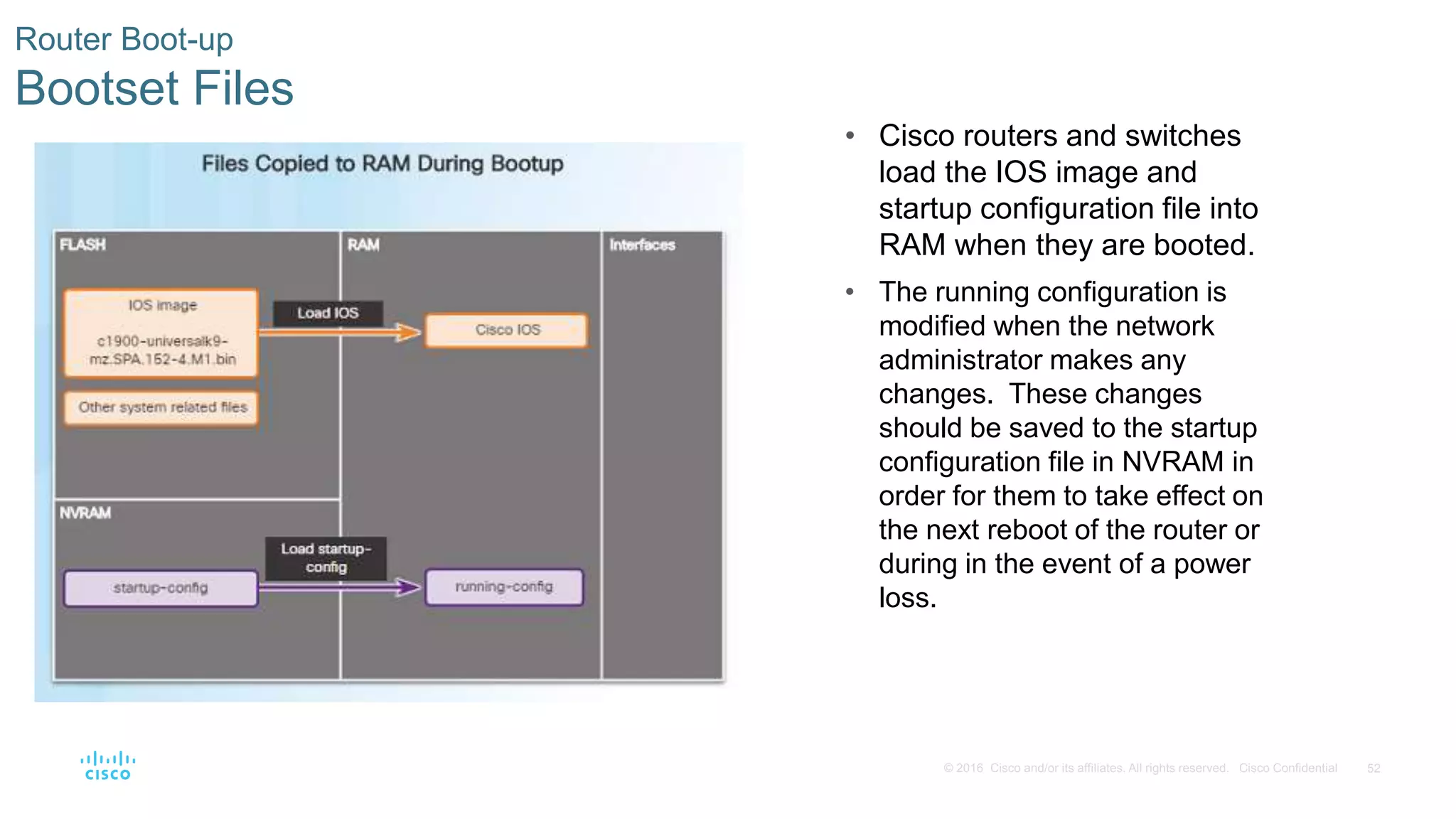 52© 2016 Cisco and/or its affiliates. All rights reserved. Cisco Confidential
Router Boot-up
Bootset Files
• Cisco routers and switches
load the IOS image and
startup configuration file into
RAM when they are booted.
• The running configuration is
modified when the network
administrator makes any
changes. These changes
should be saved to the startup
configuration file in NVRAM in
order for them to take effect on
the next reboot of the router or
during in the event of a power
loss.
 