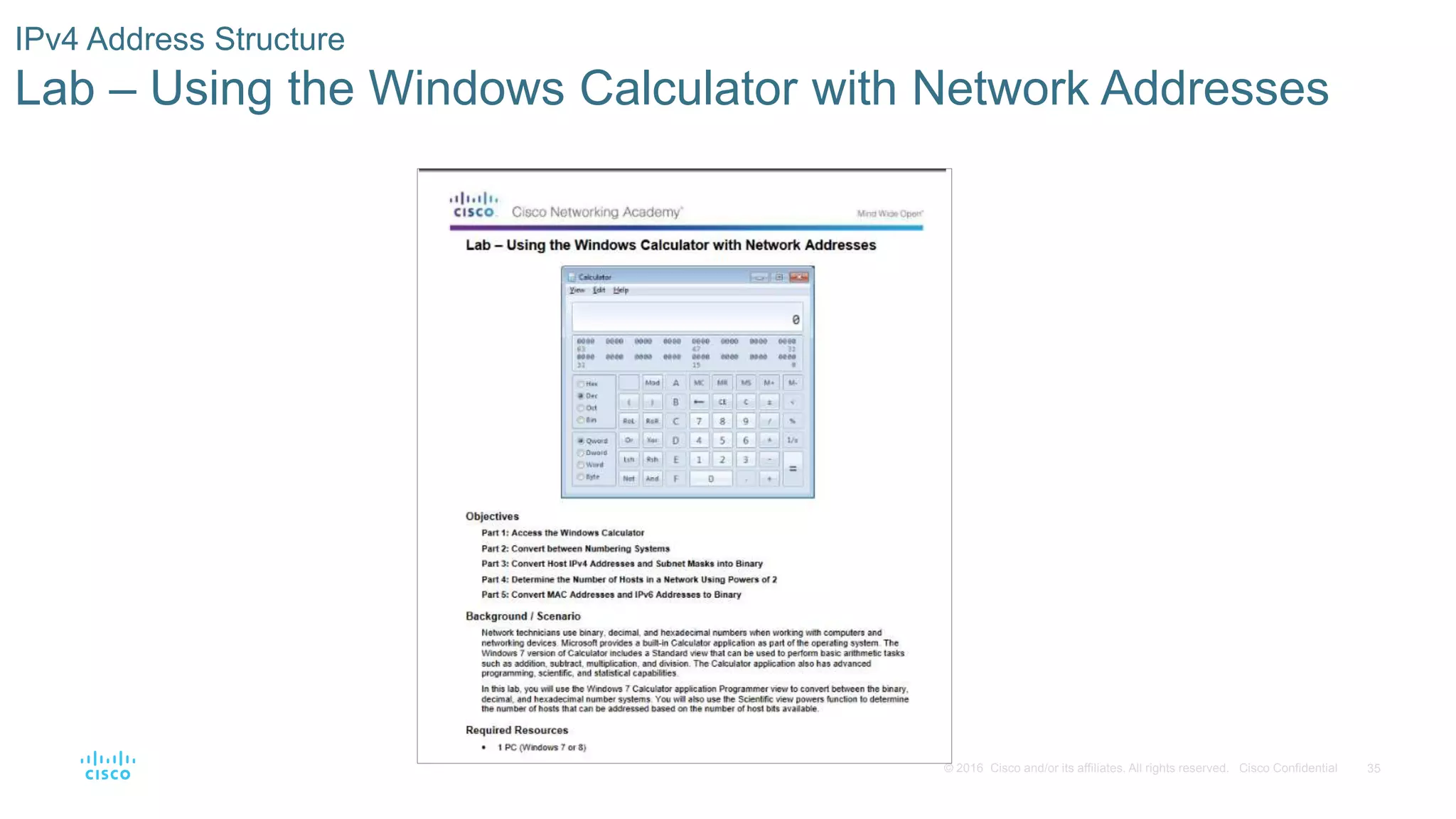 35© 2016 Cisco and/or its affiliates. All rights reserved. Cisco Confidential
IPv4 Address Structure
Lab – Using the Windows Calculator with Network Addresses
 