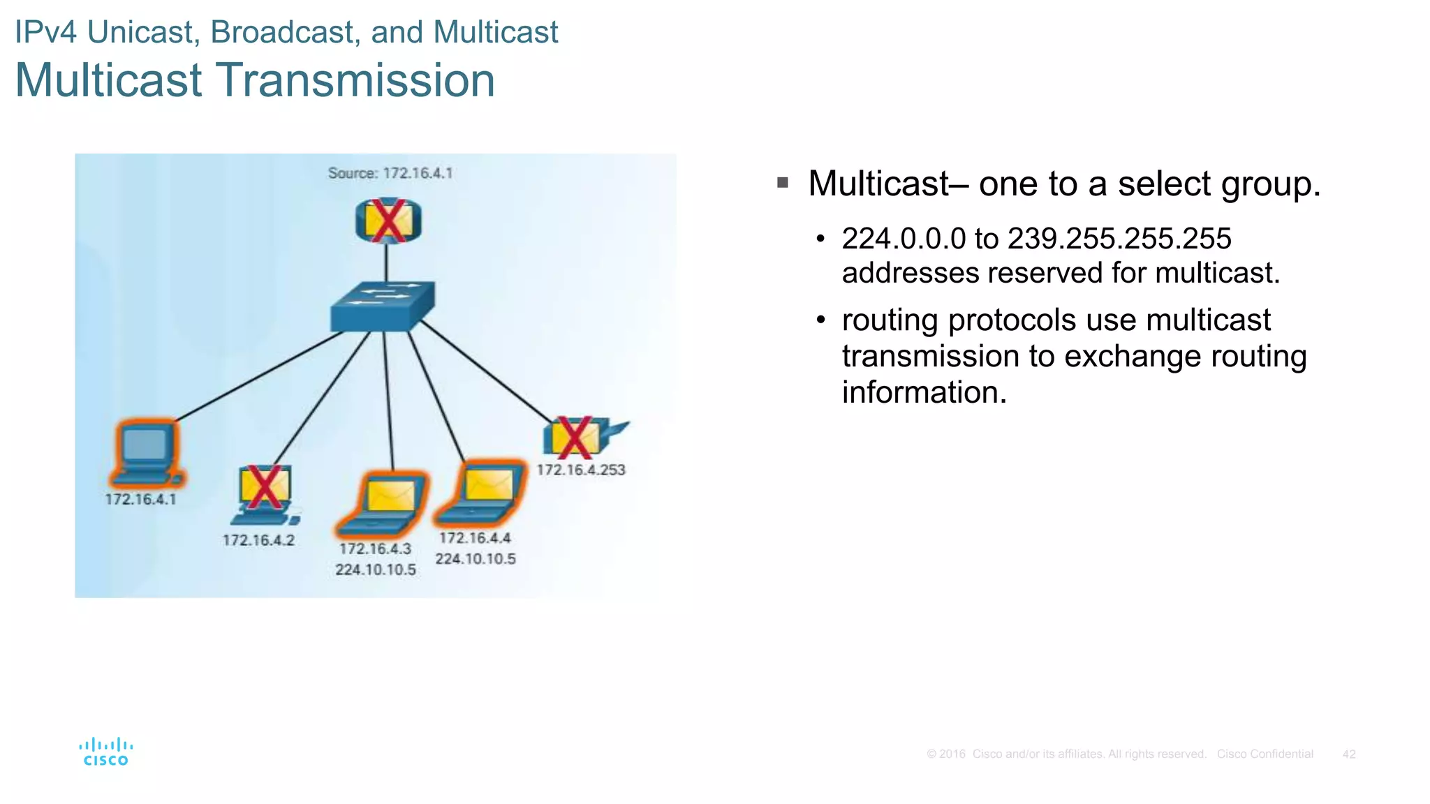 42© 2016 Cisco and/or its affiliates. All rights reserved. Cisco Confidential
IPv4 Unicast, Broadcast, and Multicast
Multicast Transmission
 Multicast– one to a select group.
• 224.0.0.0 to 239.255.255.255
addresses reserved for multicast.
• routing protocols use multicast
transmission to exchange routing
information.
 