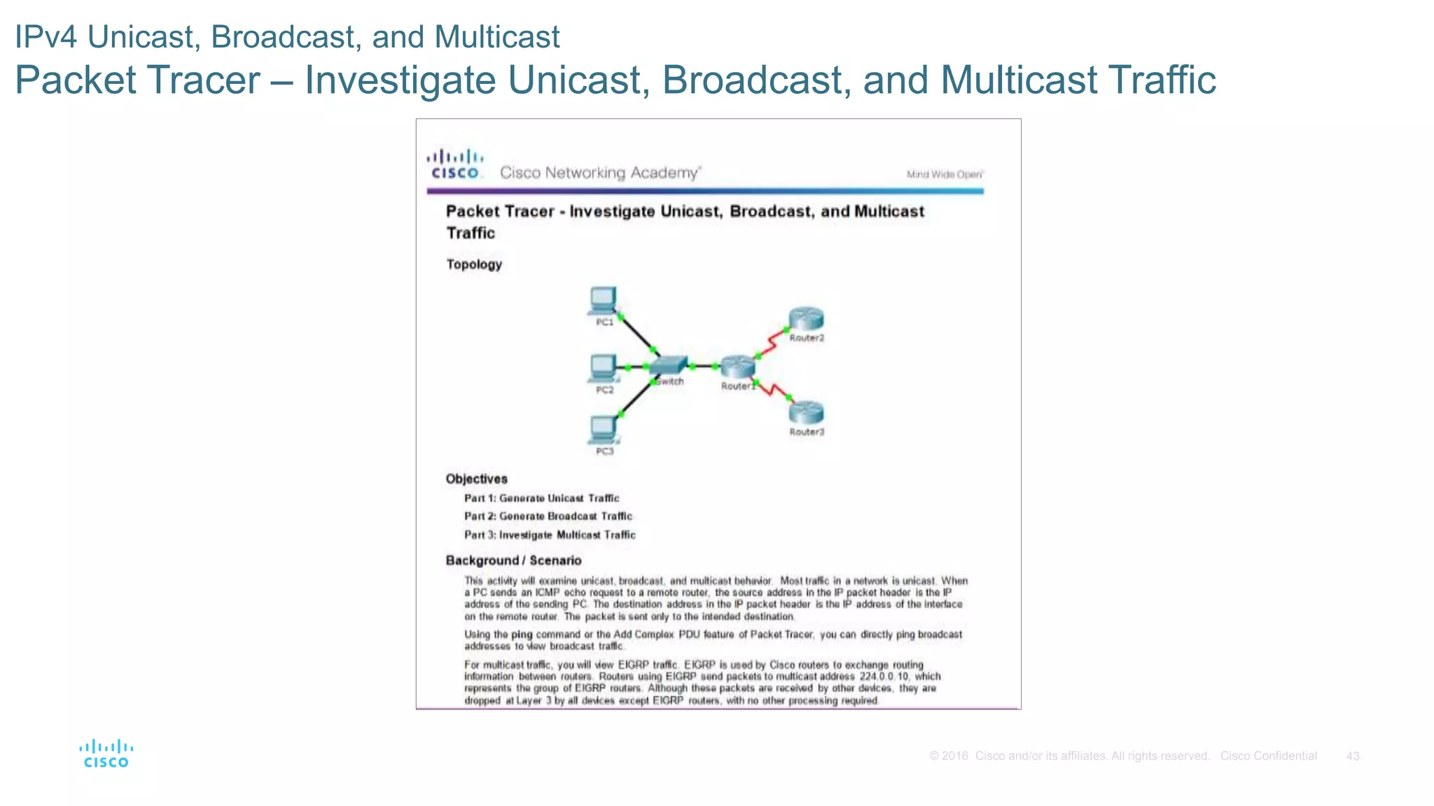43© 2016 Cisco and/or its affiliates. All rights reserved. Cisco Confidential
IPv4 Unicast, Broadcast, and Multicast
Packet Tracer – Investigate Unicast, Broadcast, and Multicast Traffic
 
