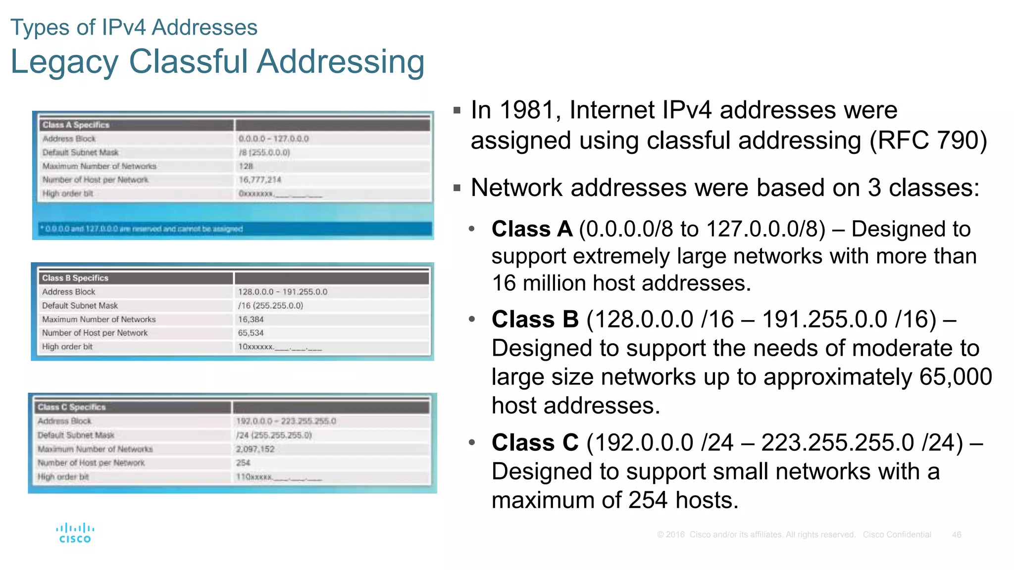 46© 2016 Cisco and/or its affiliates. All rights reserved. Cisco Confidential
Types of IPv4 Addresses
Legacy Classful Addressing
 In 1981, Internet IPv4 addresses were
assigned using classful addressing (RFC 790)
 Network addresses were based on 3 classes:
• Class A (0.0.0.0/8 to 127.0.0.0/8) – Designed to
support extremely large networks with more than
16 million host addresses.
• Class B (128.0.0.0 /16 – 191.255.0.0 /16) –
Designed to support the needs of moderate to
large size networks up to approximately 65,000
host addresses.
• Class C (192.0.0.0 /24 – 223.255.255.0 /24) –
Designed to support small networks with a
maximum of 254 hosts.
 