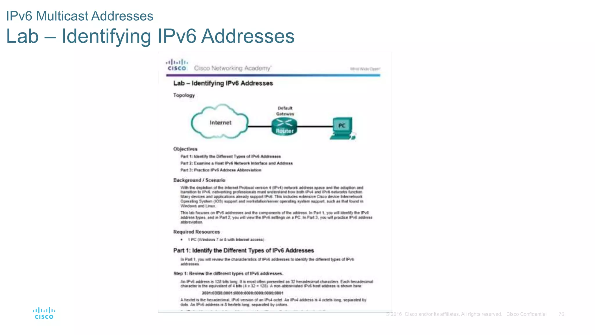 76© 2016 Cisco and/or its affiliates. All rights reserved. Cisco Confidential
IPv6 Multicast Addresses
Lab – Identifying IPv6 Addresses
 