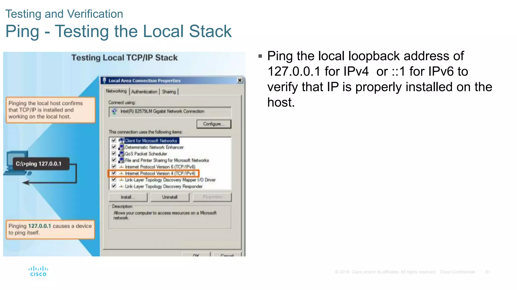 81© 2016 Cisco and/or its affiliates. All rights reserved. Cisco Confidential
Testing and Verification
Ping - Testing the Local Stack
 Ping the local loopback address of
127.0.0.1 for IPv4 or ::1 for IPv6 to
verify that IP is properly installed on the
host.
 