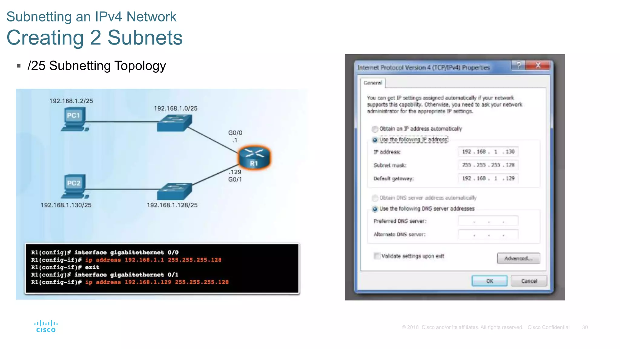 30© 2016 Cisco and/or its affiliates. All rights reserved. Cisco Confidential
Subnetting an IPv4 Network
Creating 2 Subnets
 /25 Subnetting Topology
 