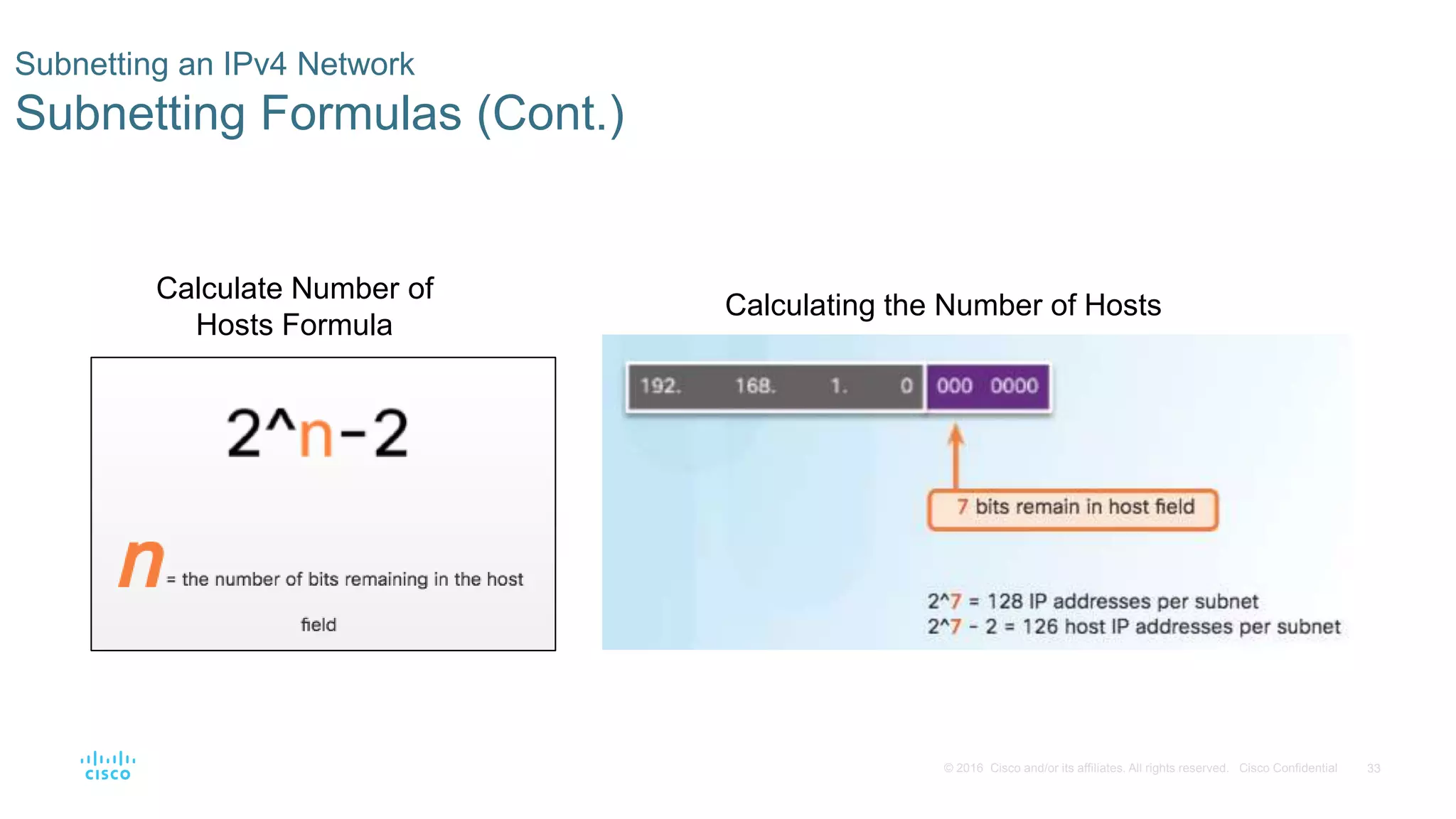 33© 2016 Cisco and/or its affiliates. All rights reserved. Cisco Confidential
Calculate Number of
Hosts Formula
Subnetting an IPv4 Network
Subnetting Formulas (Cont.)
Calculating the Number of Hosts
 