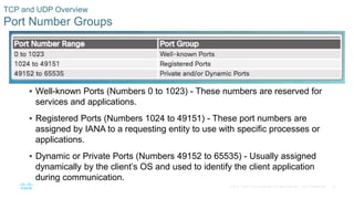 32© 2016 Cisco and/or its affiliates. All rights reserved. Cisco Confidential
TCP and UDP Overview
Port Number Groups
 Well-known Ports (Numbers 0 to 1023) - These numbers are reserved for
services and applications.
 Registered Ports (Numbers 1024 to 49151) - These port numbers are
assigned by IANA to a requesting entity to use with specific processes or
applications.
 Dynamic or Private Ports (Numbers 49152 to 65535) - Usually assigned
dynamically by the client’s OS and used to identify the client application
during communication.
 