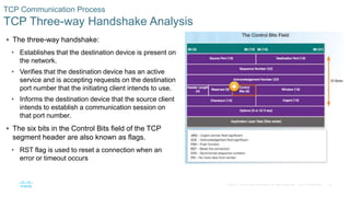 40© 2016 Cisco and/or its affiliates. All rights reserved. Cisco Confidential
 The three-way handshake:
• Establishes that the destination device is present on
the network.
• Verifies that the destination device has an active
service and is accepting requests on the destination
port number that the initiating client intends to use.
• Informs the destination device that the source client
intends to establish a communication session on
that port number.
 The six bits in the Control Bits field of the TCP
segment header are also known as flags.
• RST flag is used to reset a connection when an
error or timeout occurs
TCP Communication Process
TCP Three-way Handshake Analysis
 