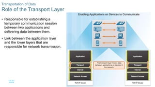 16© 2016 Cisco and/or its affiliates. All rights reserved. Cisco Confidential
Transportation of Data
Role of the Transport Layer
 Responsible for establishing a
temporary communication session
between two applications and
delivering data between them.
 Link between the application layer
and the lower layers that are
responsible for network transmission.
 