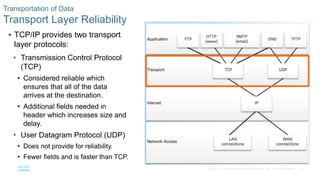 19© 2016 Cisco and/or its affiliates. All rights reserved. Cisco Confidential
Transportation of Data
Transport Layer Reliability
 TCP/IP provides two transport
layer protocols:
• Transmission Control Protocol
(TCP)
• Considered reliable which
ensures that all of the data
arrives at the destination.
• Additional fields needed in
header which increases size and
delay.
• User Datagram Protocol (UDP)
• Does not provide for reliability.
• Fewer fields and is faster than TCP.
 