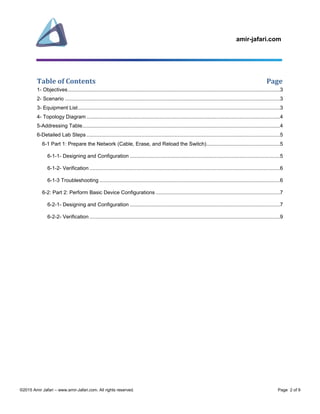 amir-jafari.com
©2015 Amir Jafari – www.amir-Jafari.com. All rights reserved. Page 2 of 9
Table of Contents Page
1- Objectives...................................................................................................................................................3
2- Scenario .....................................................................................................................................................3
3- Equipment List............................................................................................................................................3
4- Topology Diagram ......................................................................................................................................4
5-Addressing Table.........................................................................................................................................4
6-Detailed Lab Steps ......................................................................................................................................5
6-1 Part 1: Prepare the Network (Cable, Erase, and Reload the Switch)...................................................5
6-1-1- Designing and Configuration ........................................................................................................5
6-1-2- Verification ....................................................................................................................................6
6-1-3 Troubleshooting .............................................................................................................................6
6-2: Part 2: Perform Basic Device Configurations ......................................................................................7
6-2-1- Designing and Configuration ........................................................................................................7
6-2-2- Verification ....................................................................................................................................9
 