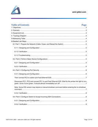amir-jafari.com
©2015 Amir Jafari – www.amir-Jafari.com. All rights reserved. Page 2 of 10
Table of Contents Page
1- Objectives...................................................................................................................................................3
2- Scenario .....................................................................................................................................................3
3- Equipment List............................................................................................................................................3
4- Topology Diagram ......................................................................................................................................4
5-Addressing Table.........................................................................................................................................4
6-Detailed Lab Steps ......................................................................................................................................5
6-1 Part 1: Prepare the Network (Cable, Erase, and Reload the Switch)...................................................5
6-1-1- Designing and Configuration ........................................................................................................5
6-1-2- Verification ....................................................................................................................................5
6-1-3 Troubleshooting .............................................................................................................................5
6-2: Part 2: Perform Basic Device Configurations ......................................................................................5
6-2-1- Designing and Configuration ........................................................................................................5
6-2-2- Verification ....................................................................................................................................6
6-3: Part 3: Configuring Port Security .........................................................................................................6
6-3-1- Designing and Configuration ........................................................................................................6
Then connect PC2 to switch port Fast Ethernet 0/20..............................................................................7
Disconnect PC1, PC2 and connect PC1 to port Fast Ethernet 0/20. Wait for the amber link light to turn
green. Once it turns green, it should almost immediately turn off...........................................................7
Note: Some IOS version may require a manual shutdown command before entering the no shutdown
command.................................................................................................................................................7
6-3-2- Verification ....................................................................................................................................8
6-4: Part 4: Configure Switch to Accept Incoming SSH Connections.........................................................8
6-3-1- Designing and Configuration ........................................................................................................8
6-3-2- Verification ....................................................................................................................................9
 