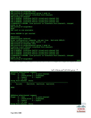 SW1(config-if-range)#no shut
SW1(config-if-range)#channel-group 1 mode on
Creating a port-channel interface Port-channel1
SW1(config-if-range)#
%EC-5-BUNDLE: Interface Fa0/10 joined port-channel Po1
%EC-5-BUNDLE: Interface Fa0/11 joined port-channel Po1
%EC-5-BUNDLE: Interface Fa0/12 joined port-channel Po1
%LINEPROTO-5-UPDOWN: Line protocol on Interface Port-channel1, changed
state to up
SW1(config-if-range)#end
SW1#
SW2 con0 is now available
Press RETURN to get started.
SW2>enable
SW2#configure terminal
Enter configuration commands, one per line. End with CNTL/Z.
SW2(config)#interface range fa0/10 - 12
SW2(config-if-range)#no shut
SW2(config-if-range)#channel-group 1 mode on
Creating a port-channel interface Port-channel1
SW2(config-if-range)#
%EC-5-BUNDLE: Interface Fa0/10 joined port-channel Po1
%EC-5-BUNDLE: Interface Fa0/11 joined port-channel Po1
%EC-5-BUNDLE: Interface Fa0/12 joined port-channel Po1
%LINEPROTO-5-UPDOWN: Line protocol on Interface Port-channel1, changed
state to up
SW2(config-if-range)#end
SW2#

‫2. ﺑﺮرﺳﯽ ﺻﺤﺖ ﻗﺮار ﮔﯿﺮي ﭘﻮرﺗﻬﺎ در ﮔﺮوه‬
SW1#show etherchannel summary
Flags: D - down
P - in port-channel
I - stand-alone s - suspended
R - Layer3
S - Layer2
U - in use
Group Port-channel Ports
-----+------------+--------------------------------------------1
Po1(SU)
Fa0/10(P) Fa0/11(P) Fa0/12(P)
SW1#

SW2#show etherchannel summary
Flags: D - down
P - in port-channel
I - stand-alone s - suspended
R - Layer3
S - Layer2
U - in use
Group Port-channel Ports

Page 155 of 290

 