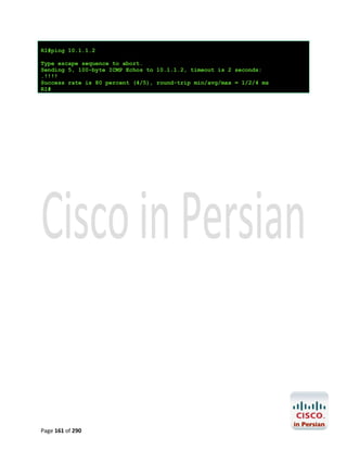 R1#ping 10.1.1.2
Type escape sequence to abort.
Sending 5, 100-byte ICMP Echos to 10.1.1.2, timeout is 2 seconds:
.!!!!
Success rate is 80 percent (4/5), round-trip min/avg/max = 1/2/4 ms
R1#

Page 161 of 290

 