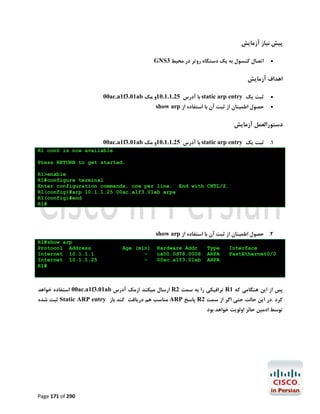‫ﭘﯿﺶ ﻧﯿﺎز آزﻣﺎﯾﺶ‬
GNS3 ‫اﺗﺼﺎل ﮐﻨﺴﻮل ﺑﻪ ﯾﮏ دﺳﺘﮕﺎه روﺗﺮ در ﻣﺤﯿﻂ‬



‫اﻫﺪاف آزﻣﺎﯾﺶ‬
00ac.a1f3.01ab ‫ ﺑﺎ آدرس 52.1.1.01و ﻣﮏ‬static arp entry ‫ﺛﺒﺖ ﯾﮏ‬
show arp ‫ﺣﺼﻮل اﻃﻤﯿﻨﺎن از ﺛﺒﺖ آن ﺑﺎ اﺳﺘﻔﺎده از‬




‫دﺳﺘﻮراﻟﻌﻤﻞ آزﻣﺎﯾﺶ‬
00ac.a1f3.01ab ‫ ﺑﺎ آدرس 52.1.1.01و ﻣﮏ‬static arp entry ‫1. ﺛﺒﺖ ﯾﮏ‬
R1 con0 is now available
Press RETURN to get started.
R1>enable
R1#configure terminal
Enter configuration commands, one per line. End with CNTL/Z.
R1(config)#arp 10.1.1.25 00ac.a1f3.01ab arpa
R1(config)#end
R1#

show arp ‫2. ﺣﺼﻮل اﻃﻤﯿﻨﺎن از ﺛﺒﺖ آن ﺑﺎ اﺳﺘﻔﺎده از‬
R1#show arp
Protocol Address
Internet 10.1.1.1
Internet 10.1.1.25
R1#

Age (min)
-

Hardware Addr
ca00.0d78.0008
00ac.a1f3.01ab

Type
ARPA
ARPA

Interface
FastEthernet0/0

‫00 اﺳﺘﻔﺎده ﺧﻮاﻫﺪ‬ac.a1f3.01ab ‫ ارﺳﺎل ﻣﯿﮑﻨﺪ ازﻣﮏ آدرس‬R2 ‫ ﺗﺮاﻓﯿﮑﯽ را ﺑﻪ ﺳﻤﺖ‬R1 ‫ﭘﺲ از اﯾﻦ ﻫﻨﮕﺎﻣﯽ ﮐﻪ‬

‫ ﺛﺒﺖ ﺷﺪه‬Static ARP entry ‫ ﻣﻨﺎﺳﺐ ﻫﻢ درﯾﺎﻓﺖ ﮐﻨﺪ ﺑﺎز‬ARP ‫ ﭘﺎﺳﺦ‬R2 ‫ﮐﺮد .در اﯾﻦ ﺣﺎﻟﺖ ﺣﺘﯽ اﮔﺮ از ﺳﻤﺖ‬

‫ﺗﻮﺳﻂ ادﻣﯿﻦ ﺣﺎﺋﺰ اوﻟﻮﯾﺖ ﺧﻮاﻫﺪ ﺑﻮد‬

Page 171 of 290

 