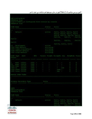 ‫ ﻓﻮق در ﺳﺎﯾﺮ ﺳﻮﯾﯿﭽﻬﺎ ﻫﻢ ﻣﺸﺎﻫﺪه ﻣﯽ ﺷﻮد ﯾﺎ ﺧﯿﺮ‬Vlan ‫اﮐﻨﻮن ﺑﺮرﺳﯽ ﻣﯿﮑﻨﯿﻢ ﮐﻪ آﯾﺎ‬
SW2(config)#end
SW2#show vlan
%SYS-5-CONFIG_I: Configured from console by console
SW2#show vlan
VLAN Name
Status
Ports
---- -------------------------------- --------- -----------------------------1
default
active
Fa0/1, Fa0/2, Fa0/3, Fa0/4
Fa0/5, Fa0/6, Fa0/7, Fa0/8
Fa0/9, Fa0/13, Fa0/14, Fa0/15
Fa0/16,
Fa0/17,
Fa0/18,
Fa0/19
Fa0/20,
Fa0/21,
Fa0/22,
Fa0/23
Fa0/24, Gi0/1, Gi0/2
10
Development
active
1002 fddi-default
act/unsup
1003 token-ring-default
act/unsup
1004 fddinet-default
act/unsup
1005 trnet-default
act/unsup
VLAN Type
Trans2
---- ----1
enet
10
enet
1002 fddi
1003 tr
1004 fdnet
1005 trnet

SAID

MTU

Parent RingNo BridgeNo Stp

BrdgMode Trans1

---------- ----- ------ ------ -------- ---- -------- ------ ----100001
100010
101002
101003
101004
101005

1500
1500
1500
1500
1500
1500

-

-

-

ieee
ibm

srb
-

0
0
0
0
0
0

0
0
0
0
0
0

Remote SPAN VLANs
----------------------------------------------------------------------------Primary Secondary Type
Ports
------- --------- ----------------- ----------------------------------------SW2#
SW3(config)#end
SW3#show vlan
VLAN Name
Status
Ports
---- -------------------------------- --------- -----------------------------1
default
active
Fa0/1, Fa0/2, Fa0/3, Fa0/4
Fa0/5, Fa0/6, Fa0/7, Fa0/8
Fa0/9, Fa0/13, Fa0/14, Fa0/15
Fa0/16,
Fa0/17,
Fa0/18,

Page 176 of 290

 