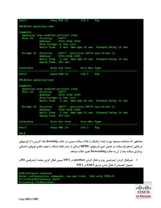 Fa0/1

Desg BLK 19

128.3

P2p

SW1#show spanning-tree
VLAN0001
Spanning tree enabled protocol rstp
Root ID
Priority
24577
Address
0014.f2d2.4180
This bridge is the root
Hello Time
2 sec Max Age 20 sec
Bridge ID

Priority
Address
Hello Time
Aging Time

Forward Delay 15 sec

24577 (priority 24576 sys-id-ext 1)
0014.f2d2.4180
2 sec Max Age 20 sec Forward Delay 15 sec
300 sec

Interface
Role Sts Cost
Prio.Nbr Type
------------------- ---- --- --------- -------- --------------------------Fa0/1
Desg LRN 19
128.3
P2p
SW1#show spanning-tree
VLAN0001
Spanning tree enabled protocol rstp
Root ID
Priority
24577
Address
0014.f2d2.4180
This bridge is the root
Hello Time
2 sec Max Age 20 sec
Bridge ID

Priority
Address
Hello Time
Aging Time

Forward Delay 15 sec

24577 (priority 24576 sys-id-ext 1)
0014.f2d2.4180
2 sec Max Age 20 sec Forward Delay 15 sec
300 sec

Interface
Role Sts Cost
Prio.Nbr Type
------------------- ---- --- --------- -------- --------------------------Fa0/1
Desg FWD 19
128.3
P2p
SW1#

‫ ﻣﮏ آدرس را از ﻓﺮﯾﻤﻬﺎي‬learning ‫ﻫﻤﺎﻧﻄﻮر ﮐﻪ ﻣﺸﺎﻫﺪه ﻣﯿﺸﻮد ﭘﻮرت اﺑﺘﺪا ﺗﺮاﻓﯿﮏ را ﺑﻼك ﻣﯿﮑﻨﺪ ﺳﭙﺲ در ﺣﺎﻟﺖ‬
‫ ارﺳﺎﻟﯽ از ﺳﺎﯾﺮ ﻧﻘﺎط ﺷﺒﮑﻪ را ﺟﻬﺖ ﯾﺎﻓﺘﻦ ﻟﻮﭘﻬﺎي اﺣﺘﻤﺎﻟﯽ‬BPDU ‫درﯾﺎﻓﺘﯽ اﺳﺘﺨﺮاج ﻣﯿﮑﻨﺪ در ﻫﻤﯿﻦ ﺣﯿﻦ ﻓﺮﯾﻤﻬﺎي‬
.‫ ﺗﻐﯿﯿﺮ ﺣﺎﻟﺖ ﻣﯿﺪﻫﺪ‬forwarding ‫ﭘﺮدازش ﻣﯿﮑﻨﺪ ﺑﻌﺪ از آن ﺑﻪ ﺣﺎﻟﺖ‬

‫ و‬R1 ‫ ﺳﭙﺲ ﻓﻌﺎل ﮐﺮدن ﻣﺠﺪد اﯾﻨﺘﺮﻓﯿﺲ‬SW1 ‫ در‬portfast ‫1. ﻏﯿﺮﻓﻌﺎل ﮐﺮدن اﯾﻨﺘﺮﻓﯿﺲ روﺗﺮ و ﻓﻌﺎل ﮐﺮدن‬
SW1 ‫ در‬Fa0/1 ‫ﺣﺼﻮل اﻃﻤﯿﻨﺎن از ﻓﻌﺎل ﺷﺪن ﺳﺮﯾﻊ‬
R1#configure terminal
Enter configuration commands, one per line.
R1(config)#interface fa0/0
R1(config-if)#shutdown

Page 203 of 290

End with CNTL/Z.

 
