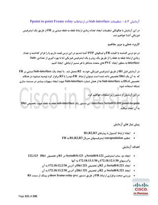 ‫آزﻣﺎﯾﺶ 3.5 – ﺗﻨﻈﯿﻤﺎت ‪ Sub interface‬در ارﺗﺒﺎﻃﺎت ‪Ppoint to point Frame relay‬‬
‫در اﯾﻦ آزﻣﺎﯾﺶ ﺑﺎ ﭼﮕﻮﻧﮕﯽ ﺗﻨﻈﯿﻤﺎت اﯾﺠﺎد ﺗﻌﺪاد زﯾﺎدي ارﺗﺒﺎط ﻧﻘﻄﻪ ﺑﻪ ﻧﻘﻄﻪ ﻣﺒﺘﻨﯽ ﺑﺮ ‪ FR‬از ﻃﺮﯾﻖ ﯾﮏ اﯾﻨﺘﺮﻓﯿﺲ‬

‫ﻓﯿﺰﯾﮑﯽ آﺷﻨﺎ ﺧﻮاﻫﯿﻢ ﺷﺪ.‬

‫ﮐﺎرﺑﺮد ﻋﻤﻠﯽ و ﻣﺮور ﻣﻔﺎﻫﯿﻢ‬
‫در دو درس ﮔﺬﺷﺘﻪ ﺑﺎ ﮐﻠﯿﺎت ‪ FR‬و ﻟﯿﻨﮑﻬﺎي ‪ PTP‬آﺷﻨﺎ ﺷﺪﯾﻢ در اﯾﻦ درس ﻗﺼﺪ دارﯾﻢ ﭘﺎ را ﻓﺮاﺗﺮ ﮔﺬاﺷﺘﻪ و ﺗﻌﺪاد‬

‫زﯾﺎدي ارﺗﺒﺎط ﻧﻘﻄﻪ ﺑﻪ ﻧﻘﻄﻪ را از ﻃﺮﯾﻖ ﯾﮏ روﺗﺮ و ﯾﮏ اﯾﻨﺘﺮﻓﯿﺲ ﻓﯿﺰﯾﮑﯽ اﻣﺎ ﺑﺎ ﺑﻬﺮه ﮔﯿﺮي از ﺗﻌﺪادي -‪Sub‬‬
‫‪ interface‬ﺑﻪ ﻣﻨﻈﻮر اﯾﺠﺎد ‪ PVC‬ﻫﺎي ﻣﺘﻌﺪد ﻣﺘﻨﺎﻇﺮ ﺑﺎ ﻫﺮ ﻣﺴﯿﺮ ارﺗﺒﺎﻃﯽ اﯾﺠﺎد ﮐﻨﯿﻢ.‬

‫در آزﻣﺎﯾﺶ ﻗﺒﻞ 1‪ R‬از ﻃﺮﯾﻖ اﯾﻨﺘﺮﻓﯿﺲ ﻓﯿﺰﯾﮑﯽ ﺧﻮد ﺑﻪ 2‪ R‬ﻣﺘﺼﻞ ﺷﺪ . ﺑﺎ اﯾﺠﺎد ﯾﮏ ‪ Sub-interface‬ﻣﺒﺘﻨﯽ ﺑﺮ ‪FR‬‬

‫ﮐﻪ ﺑﻪ آن ﯾﮏ ‪ Dlci‬ﺗﺨﺼﯿﺺ داده ﺷﺪه اﺳﺖ ﻣﯿﺘﻮان ارﺗﺒﺎط ‪ FR‬دوم را ﺑﺎ 3‪ R‬ﺑﺮﻗﺮار ﮐﺮد.ﺗﻮﺻﯿﻪ ﻣﯿﺸﻮد در ﻫﻨﮕﺎم‬

‫ﺗﺨﺼﯿﺺ ‪ DLci‬ﺑﻪ ‪ Sub-interface‬ﻫﺎ از ﻫﻤﺎن ﺷﻤﺎره ‪ Sub-interface‬ﺟﻬﺖ اﯾﺠﺎد ﺳﻬﻮﻟﺖ ﺑﯿﺸﺘﺮ در ﻣﺴﺘﻨﺪ ﺳﺎزي‬

‫ﺷﺒﮑﻪ اﺳﺘﻔﺎده ﺷﻮد.‬

‫در اﯾﻦ آزﻣﺎﯾﺶ از دﺳﺘﻮر زﯾﺮ اﺳﺘﻔﺎده ﺧﻮاﻫﯿﻢ ﮐﺮد.‬
‫‪ :interface Serial#/#.### point-to-poin‬اﯾﻦ دﺳﺘﻮر ﯾﮏ ‪ sub-interface‬ﻧﻘﻄﻪ ﺑﻪ ﻧﻘﻄﻪ ﺟﻬﺖ ﺗﺨﺼﯿﺺ ‪Dlci‬‬
‫ﺑﻪ آن اﯾﺠﺎد ﻣﯿﮑﻨﺪ.‬

‫ﭘﯿﺶ ﻧﯿﺎز ﻫﺎي آزﻣﺎﯾﺶ‬
‫‪‬‬
‫‪‬‬

‫اﯾﺠﺎد ارﺗﺒﺎط ﮐﻨﺴﻮل ﺑﺎ روﺗﺮﻫﺎي 3‪R1,R2,R‬‬

‫ﺗﻨﻈﯿﻢ ‪ encapsulation‬اﯾﻨﺘﺮﻓﯿﺴﻬﺎي ﺳﺮﯾﺎل 3‪ R1,R2,R‬ﺑﻪ ‪FR‬‬

‫اﻫﺪاف آزﻣﺎﯾﺶ‬
‫‪‬‬

‫اﯾﺠﺎد دو ﺳﺎب اﯾﻨﺘﺮﻓﯿﺲ 221.0/0‪ Serial‬و 321.0/0‪ Serial‬در 1‪ R‬و ﺗﺨﺼﯿﺺ ‪122,123 Dlci‬‬

‫‪‬‬

‫اﯾﺠﺎد 122.0/0‪ Serial‬در 2‪ R‬و ﺗﺨﺼﯿﺺ 122 ‪ Dlci‬و آدرس 03/2.21.81.271 ﺑﻪ آن‬

‫وآدرﺳﻬﺎي 03/1.21.81.271 و 03/1.31.81.271 ﺑﻪ آﻧﻬﺎ‬

‫‪‬‬

‫اﯾﺠﺎد 123.0/0‪ Serial‬در 2‪ R‬و ﺗﺨﺼﯿﺺ 123 ‪ Dlci‬و آدرس 03/2.31.81.271 ﺑﻪ آن‬

‫‪‬‬

‫ﺑﺮرﺳﯽ ﺻﺤﺖ ﺑﺮﻗﺮاري ارﺗﺒﺎط ‪ FR‬از ﻃﺮﯾﻖ دﺳﺘﻮر ‪ show frame-relay pvc‬و ﭘﯿﻨﮓ از ﺳﻤﺖ 1‪R‬‬

‫092 ‪Page 221 of‬‬

 