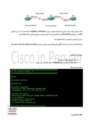 ‫ اﺳﺘﻔﺎده ﮐﺮد. در اﯾﻦ آزﻣﺎﯾﺶ‬LoopBack Interface‫ﻧﮑﺘﻪ: ﻣﯿﺘﻮان ﺟﻬﺖ ﺷﺒﯿﻪ ﺳﺎزي ﯾﮏ ﺷﺒﮑﻪ ﻣﺘﺼﻞ ﺑﻪ روﺗﺮ از‬
.‫ ﻧﻘﺶ ﺷﺒﮑﻪ ﻫﺎي ﺳﻤﺖ ﮐﺎرﺑﺮ ﻣﺘﺼﻞ ﺑﻪ روﺗﺮﻫﺎي ﻣﺬﺑﻮر را اﯾﻔﺎ ﺧﻮاﻫﻨﺪ ﮐﺮد‬R1,R2,R3 ‫ در روﺗﺮﻫﺎي‬LO0
.‫در اﯾﻦ آزﻣﺎﯾﺶ ﺑﺎ دﺳﺘﻮر زﯾﺮ آﺷﻨﺎ ﺧﻮاﻫﯿﻢ ﺷﺪ‬
ip route network subnet nexthop ‫: اﻟﮕﻮي ﮐﻠﯽ ﻧﮕﺎرش اﯾﻦ دﺳﺘﻮر ﺑﻪ ﺻﻮرت‬Ip route n.n.n.h s.s.s.s nh.nh.nh.nh

‫ﭘﯿﺶ ﻧﯿﺎز آزﻣﺎﯾﺶ‬
‫اﯾﺠﺎد ﺗﻮﭘﻮﻟﻮژي ﻣﻄﺎﺑﻖ ﺗﺼﻮﯾﺮ ﻓﻮق‬



‫ ﮐﺮدن ﺗﻨﻈﻤﯿﺎت زﯾﺮ در روﺗﺮﻫﺎ‬copy/paste‫اﻧﺠﺎم ﺗﻨﻈﯿﻤﺎت اوﻟﯿﻪ از ﻃﺮﯾﻖ‬



R1 ‫ﺗﻨﻈﯿﻤﺎت اوﻟﯿﻪ‬
!##################################################
!# R1 Initial Config #
!##################################################
!
enable
!
configure terminal
!
hostname R1
!
interface Loopback0
description ### SIMULATED NETWORK ###
ip address 10.61.10.1 255.255.255.0
!
interface Serial0/0
description ### PHYSICAL FRAME RELAY INTERFACE ###
no ip address
encapsulation frame-relay
serial restart-delay 0
no frame-relay inverse-arp
!
interface Serial0/0.122 point-to-point

Page 234 of 290

 