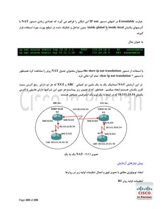 ‫ﻋﺒﺎرت ‪ Extendable‬در اﻧﺘﻬﺎي دﺳﺘﻮر ‪ IP nat‬اﯾﻦ اﻣﮑﺎن را ﻓﺮاﻫﻢ ﻣﯽ آورد ﮐﻪ ﺗﻌﺪادي زﯾﺎدي دﺳﺘﻮر ‪ NAT‬ﺑﺎ‬

‫آدرﺳﻬﺎي ﯾﮑﺴﺎن ‪ inside local‬ﯾﺎ ‪ inside global‬ﺑﺪون ﺗﺪاﺧﻞ و ﺗﻔﮑﯿﮏ ﺷﺪه در ﺳﻄﺢ ﭘﻮرت ﻣﻮرد اﺳﺘﻔﺎده ﻗﺮار‬
‫ﮔﯿﺮﻧﺪ.‬
‫ﺑﻪ ﻋﻨﻮان ﻣﺜﺎل‬
‫‪extendable‬‬
‫‪extendable‬‬

‫08‬
‫344‬

‫5.81.92.271‬
‫5.81.92.271‬

‫0808‬
‫08‬

‫1.1.11.01 ‪ip nat source static tcp‬‬
‫41.1.11.01 ‪ip nat source static tcp‬‬

‫ﺑﺎ اﺳﺘﻔﺎده از دﺳﺘﻮر ‪ the show ip nat translations‬ﻣﯿﺘﻮان ﻣﺤﺘﻮاي ﺟﺪول ‪ NAT‬روﺗﺮ را ﻣﺸﺎﻫﺪه ﮐﺮد ﻫﻤﯿﻨﻄﻮر‬
‫ﺑﺎ دﺳﺘﻮر * ‪ clear ip nat translation‬ﺗﻤﺎم آﻧﺮا ﺧﺎﻟﯽ ﮐﺮد.‬

‫در اﯾﻦ آزﻣﺎﯾﺶ ‪ NAT‬اﺳﺘﺎﺗﯿﮏ ﯾﮏ ﺑﻪ ﯾﮏ ﻣﺎﺑﯿﻦ دو ﮐﻤﭙﺎﻧﯽ ‪ ABC‬و ‪ XYZ‬ﮐﻪ ﻫﺮ دو داراي رﻧﺞ آدرس ﺳﻤﺖ‬

‫ﮐﺎرﺑﺮ ﯾﮑﺴﺎن ﻫﺴﺘﻨﺪ اﯾﺠﺎد ﻣﯿﮑﻨﯿﻢ . ﻫﻤﺎﻧﻄﻮر ﮐﻪ از ﺗﺼﻮﯾﺮ زﯾﺮ ﭘﯿﺪاﺳﺖ ﻫﺮ دوي اﯾﻦ ﺷﺮﮐﺘﻬﺎ داراي ﻫﺎﺳﺘﯽ ﺑﺎ آدرس‬

‫ﯾﮑﺴﺎن 41.41.111.01 ﮐﻪ در اﯾﻨﺠﺎ ﺑﺎ ﯾﮏ ﻟﻮپ ﺑﮏ اﯾﻨﺘﺮﻓﯿﺲ ﻣﺸﺨﺺ ﻫﺴﺘﻨﺪ .‬

‫ﺗﺼﻮﯾﺮ 1.1.11- ‪ NAT‬ﯾﮏ ﺑﻪ ﯾﮏ‬

‫ﭘﯿﺶ ﻧﯿﺎزﻫﺎي آزﻣﺎﯾﺶ‬
‫اﯾﺠﺎد ﺗﻮﭘﻮﻟﻮژي ﻣﻄﺎﺑﻖ ﺑﺎ ﺗﺼﻮﯾﺮ ﻓﻮق و اﻋﻤﺎل ﺗﻨﻈﯿﻤﺎت اوﻟﯿﻪ زﯾﺮ در روﺗﺮﻫﺎ‬
‫ﺗﻨﻈﯿﻤﺎت اوﻟﯿﻪ روﺗﺮ 1‪R‬‬

‫092 ‪Page 249 of‬‬

 