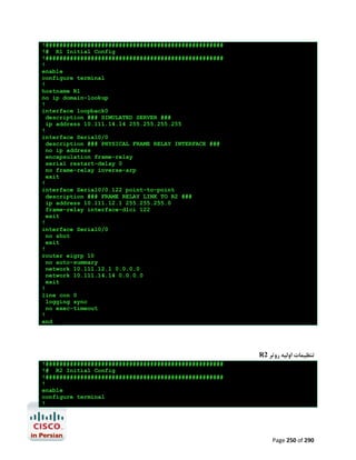 !###################################################
!# R1 Initial Config
!###################################################
!
enable
configure terminal
!
hostname R1
no ip domain-lookup
!
interface loopback0
description ### SIMULATED SERVER ###
ip address 10.111.14.14 255.255.255.255
!
interface Serial0/0
description ### PHYSICAL FRAME RELAY INTERFACE ###
no ip address
encapsulation frame-relay
serial restart-delay 0
no frame-relay inverse-arp
exit
!
interface Serial0/0.122 point-to-point
description ### FRAME RELAY LINK TO R2 ###
ip address 10.111.12.1 255.255.255.0
frame-relay interface-dlci 122
exit
!
interface Serial0/0
no shut
exit
!
router eigrp 10
no auto-summary
network 10.111.12.1 0.0.0.0
network 10.111.14.14 0.0.0.0
exit
!
line con 0
logging sync
no exec-timeout
!
end

R2 ‫ﺗﻨﻈﯿﻤﺎت اوﻟﯿﻪ روﺗﺮ‬
!###################################################
!# R2 Initial Config
!###################################################
!
enable
configure terminal
!

Page 250 of 290

 