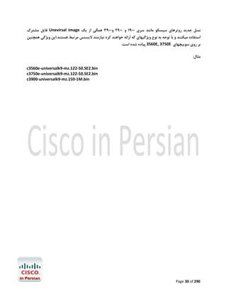 ‫ﻧﺴﻞ ﺟﺪﯾﺪ روﺗﺮﻫﺎي ﺳﯿﺴﮑﻮ ﻣﺎﻧﻨﺪ ﺳﺮي 0091 و 0092 و0093 ﻫﻤﮕﯽ از ﯾﮏ ‪ Unevirsal image‬ﻓﺎﯾﻞ ﻣﺸﺘﺮك‬

‫اﺳﺘﻔﺎده ﻣﯿﮑﻨﻨﺪ و ﺑﺎ ﺗﻮﺟﻪ ﺑﻪ ﻧﻮع وﯾﮋﮔﯿﻬﺎي ﮐﻪ اراﺋﻪ ﺧﻮاﻫﻨﺪ ﮐﺮد ﻧﯿﺎزﻣﻨﺪ ﻻﯾﺴﻨﺲ ﻣﺮﺗﺒﻂ ﻫﺴﺘﻨﺪ.اﯾﻦ وﯾﮋﮔﯽ ﻫﻤﭽﻨﯿﻦ‬

‫ﺑﺮ روي ﺳﻮﯾﯿﭽﻬﺎي ‪ 3560E, 3750E‬ﭘﯿﺎده ﺷﺪه اﺳﺖ.‬
‫ﻣﺜﺎل:‬

‫‪c3560e-universalk9-mz.122-50.SE2.bin‬‬
‫‪c3750e-universalk9-mz.122-50.SE2.bin‬‬
‫‪c3900-universalk9-mz.150-1M.bin‬‬

‫092 ‪Page 30 of‬‬

 