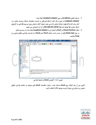 ‫2. ﻣﺮﺣﻠﻪ ﺗﻨﻈﯿﻢ ‪ ip address‬ﺑﺮ روي ‪ Loopback adapter‬اﯾﺠﺎد ﺷﺪه .‬

‫‪ Loopback adapter‬ﺑﻪ ﺻﻮرت ﯾﮏ ﮐﺎرت ﺷﺒﮑﻪ ﻓﯿﺰﯾﮑﯽ در ﻗﺴﻤﺖ ﺗﻨﻈﯿﻤﺎت ﺷﺒﮑﻪ ﺳﯿﺴﺘﻢ ﻋﺎﻣﻞ و در‬
‫ﮐﻨﺎر ﺳﺎﯾﺮ ﮐﺎرت)ﮐﺎرﺗﻬﺎي( ﺷﺒﮑﻪ ﻧﻤﺎﯾﺶ داده ﻣﯽ ﺷﻮد، ﻧﺘﯿﺠﻪ آﻧﮑﻪ ﺑﻪ ﻫﻤﺎن روش ﻣﺮﺳﻮم ‪ ip‬دﻫﯽ ﺑﻪ ﮐﺎرﺗﻬﺎي‬

‫ﺷﺒﮑﻪ ﺻﺎﺣﺐ ‪ ip‬ﺧﻮاﻫﺪ ﺷﺪ ﻓﻌﻼ 42/01.552.861.291 را ﺑﻪ آن اﺧﺘﺼﺎص ﻣﯽ دﻫﯿﻢ.‬

‫3. اﯾﺠﺎد ‪ Cloud interface‬در 3‪ Gns‬و اﺗﺼﺎل آن ﺑﻪ ‪ Loopback adapter‬اﯾﺠﺎد ﺷﺪه در ﺳﯿﺴﺘﻢ ﻋﺎﻣﻞ.‬

‫در ﭘﻨﻞ ‪ Node type‬واﻗﻊ در ﺳﻤﺖ راﺳﺖ ﺻﻔﺤﻪ 3‪ Gns‬آﯾﺘﻢ ‪ Cloud‬را ﺑﻪ ﻗﺴﻤﺖ ﻃﺮاﺣﯽ ﻣﻄﺎﺑﻖ ﺗﺼﻮﯾﺮ زﯾﺮ‬

‫‪ Drag‬ﻣﯿﮑﻨﯿﻢ.‬

‫ﺗﺼﻮﯾﺮ 1.8.1 – اﻓﺰودن ‪ cloud‬ﺑﻪ ﻣﺤﯿﻂ ﻃﺮاﺣﯽ‬
‫اﮐﻨﻮن ﭘﺲ از دﺑﻞ ﮐﻠﯿﮏ روي ‪ cloud‬ﺳﺎﺧﺘﻪ ﺷﺪه ، ﭘﻨﺠﺮه ﺗﻨﻈﯿﻤﺎت ‪ cloud‬ﻫﺎي ﻣﻮﺟﻮد در ﺻﻔﺤﻪ ﻃﺮاﺣﯽ ﻣﻄﺎﺑﻖ‬

‫ﺗﺼﻮﯾﺮ زﯾﺮ ﻧﻤﺎﯾﺎن ﻣﯽ ﺷﻮد.از ﻟﯿﺴﺖ ﻣﻮﺟﻮد 1‪ C‬را اﻧﺘﺨﺎب ﮐﻨﯿﺪ‬

‫092 ‪Page 47 of‬‬

 