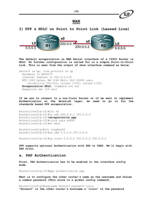 100


                                 WAN
I) PPP & HDLC on Point to Point Link (Leased Line)

                          s0
                                            s0
        L0               200.0.0.1                          L0
               R1
               R1                    200.0.0.2    R2
                                                  R3
    5.5.5.5                                                 6.6.6.6


The default encapsulation on WAN Serial interface of a CISCO Router is
HDLC. No further configuration is called for in a simple Point-to-Point
Link. This is seen from the output of show interface command as below.

Serial0 is up, line protocol is up
  Hardware is HD64570
  Internet address is 200.0.0.1/8
  MTU 1500 bytes, BW 1544 Kbit, DLY 20000 usec,
     reliability 255/255, txload 1/255, rxload 1/255
  Encapsulation HDLC, loopback not set
  Keepalive set (10 sec)


If we are to connect to a non-Cisco Router or if we want to implement
Authentication at the datalink layer, we need to go in for the
standards based PPP encapsulation.

Router1(config-if)#int s0
Router1(config-if)#ip add 200.0.0.1 255.0.0.0
Router1(config-if)#encapsulation ppp
Router1(config-if)#clock rate 64000
Router1(config-if)#no shut

Router1(config)#int loopback0
Router1(config-if)#ip add 5.5.5.5 255.0.0.0

Router1(config-if)#ip route 6.0.0.0 255.0.0.0 200.0.0.2

PPP supports optional Authentication with PAP or CHAP. We’ll begin with
PAP first.

a. PAP Authentication
First, PAP Authentication has to be enabled in the interface config
mode.

Router1(config-if)#ppp authentication pap

Next is to configure the other router’s name as the username and choose
a common password (This alone is a global config command).

Router1(config)#username Router2 password cisco
“Router2” is the other router’s hostname & “cisco” is the password
 