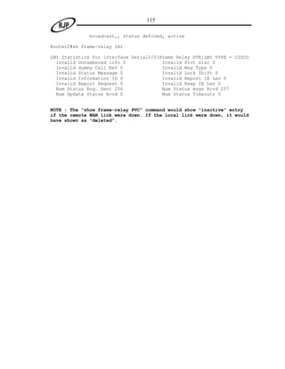115

              broadcast,, status defined, active

Router2#sh frame-relay lmi

LMI Statistics for interface Serial0/0(Frame Relay DTE)LMI TYPE = CISCO
  Invalid Unnumbered info 0             Invalid Prot Disc 0
  Invalid dummy Call Ref 0              Invalid Msg Type 0
  Invalid Status Message 0              Invalid Lock Shift 0
  Invalid Information ID 0              Invalid Report IE Len 0
  Invalid Report Request 0              Invalid Keep IE Len 0
  Num Status Enq. Sent 256              Num Status msgs Rcvd 257
  Num Update Status Rcvd 0              Num Status Timeouts 0


NOTE : The “show frame-relay PVC” command would show “inactive” entry
if the remote WAN link were down. If the local link were down, it would
have shown as “deleted”.
 