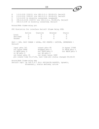120


R     1.0.0.0/8 [120/1] via 160.0.0.1, 00:00:23, Serial0
R     2.0.0.0/8 [120/2] via 160.0.0.1, 00:00:23, Serial0
C     3.0.0.0/8 is directly connected, Loopback0
R     150.0.0.0/16 [120/1] via 160.0.0.1, 00:00:23, Serial0
C     160.0.0.0/8 is directly connected, Serial0

Router3#sh frame-relay pvc

PVC Statistics for interface Serial0 (Frame Relay DTE)

                Active     Inactive         Deleted   Static
    Local          1            0               0        0
    Switched       0            0               0        0
    Unused         0            0               0        0

DLCI = 400, DLCI USAGE = LOCAL, PVC STATUS = ACTIVE, INTERFACE =
Serial0

    input pkts 141           output pkts 85           in bytes 17588
    out bytes 8688           dropped pkts 0           in FECN pkts 0
    in BECN pkts 0           out FECN pkts 0          out BECN pkts 0
    in DE pkts 0             out DE pkts 0
    out bcast pkts 35        out bcast bytes 3488
    pvc create time 01:17:02, last time pvc status changed 00:24:03

Router3#sh frame-relay map
Serial0 (up): ip 160.0.0.1 dlci 400(0x190,0x6400), dynamic,
              broadcast,, status defined, active
 