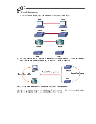 3

II. Network Connection

  a. To cascade same type of device use Cross-Over cable.




b. For HUB/SWICH to PC/ROUTER – straight through cable is used & Cross-
   over cable is used between PC – Router & Hub – Switch.




                                                     Switch
                   Host     Straight Through cable
Cross Over cable                                              Cross Over cable


                   Router                            HUB



Setting up the Management Console (windows environment):

First let’s setup the Hyperterminal from windows – for interfacing with
the Cisco Devices and issue commands. Here we go…
 