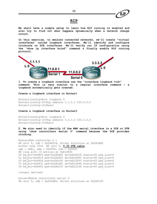 40


                                 RIP
We shall have a simple setup to learn how RIP routing is enabled and
also try to find out what happens dynamically when a network change
occurs.

In this exercise, to emulate connected networks, we’ll create “virtual
interfaces” called loopback interfaces. We’ll identify and configure
clockrate on DCE interfaces. We’ll verify our IP configuration using
the “show ip interface brief” command & finally enable RIP routing
protocol.



        1.1.1.1                                   3.3.3.3
   L0
                    11.0.0.1                            L0
                    11          11.0.0.2
          Router1   Serial 1                 Router3
                                2
                                  Serial 0
1. To create a loopback interface use the “interface loopback <id>”
command. This is very similar to a regular interface command –        a
loopback automatically gets created.

Create a loopback interface in Router1

Router1(config)#int loopback 0
Router1(config-if)#ip address 1.1.1.1 255.0.0.0
Rotuer1(config-if)#exit

Create a loopback interface in Router3

Rotuer3(config)#int loopback 0
Rotuer3(config-if)#ip address 3.3.3.3 255.0.0.0
Rotuer3(config-if)#exit

2. We also need to identify if the WAN serial interface is a DCE or DTE
using “show controllers serial 0” command because the DCE provides
clocking.

Router1#sh controller s 1
HD unit 0, idb = 0x29A524, driver structure at 0x2A1AE8
buffer size 1524 HD unit 0, V.35 DTE cable
cpb = 0xE1, eda = 0x4940, cda = 0x4800
RX ring with 16 entries at 0xE14800
00 bd_ptr=0x4800 pak=0x2A5AFC ds=0xE1ECC8 status=00 pak_size=0
01 bd_ptr=0x4814 pak=0x2A584C ds=0xE1E60C status=00 pak_size=0
02 bd_ptr=0x4828 pak=0x2A559C ds=0xE1DF50 status=00 pak_size=0
03 bd_ptr=0x483C pak=0x2A52EC ds=0xE1D894 status=00 pak_size=0
04 bd_ptr=0x4850 pak=0x2A503C ds=0xE1D1D8 status=00 pak_size=0

<output omitted>

Rotuer3#show controllers serial 0
HD unit 0, idb = 0x2A1B80, driver structure at 0x2A9140
 